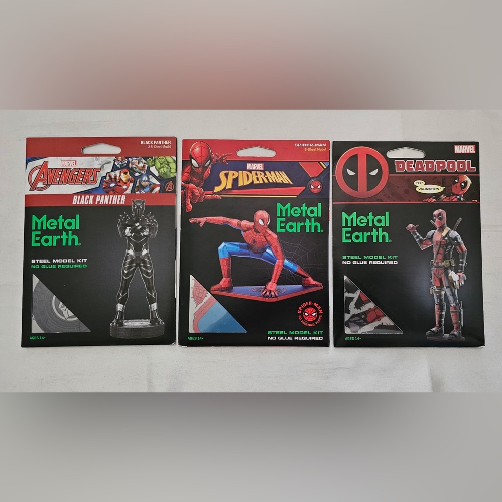 3 Metal Earth Marvel Steel Model Building Sets: Deadpool, Spiderman, More